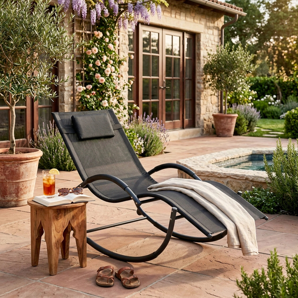 Sedia Basculante Da Giardino Ergonomica Con Poggiatesta Removibile In Textilene Traspirante Lettino Relax A Dondolo Per Piscina Terrazza Balcone Outdoor 155 x 61 x 88 Cm Nero
