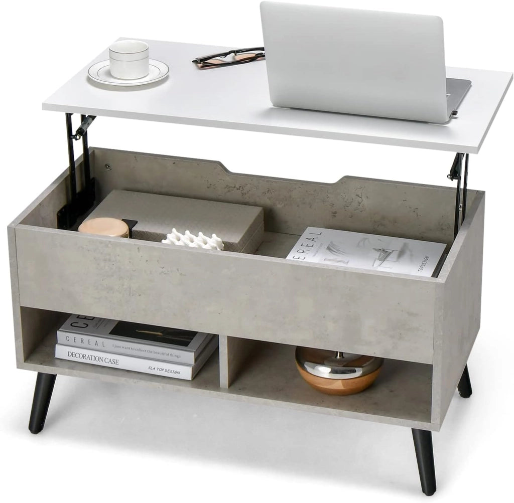 Tavolino da caffè con piano regolabile in altezza, tavolino da caffè con cestino portaoggetti e 2 ripiani aperti, tavolino estraibile con sollevatore a molla, moderno 80 x 40 x 46/60 cm