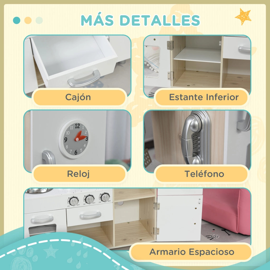 Cucina Giocattolo per Bambini in Legno con Lavello e Accessori ¨C zephmum ¨C 74x30x81 cm Bianco