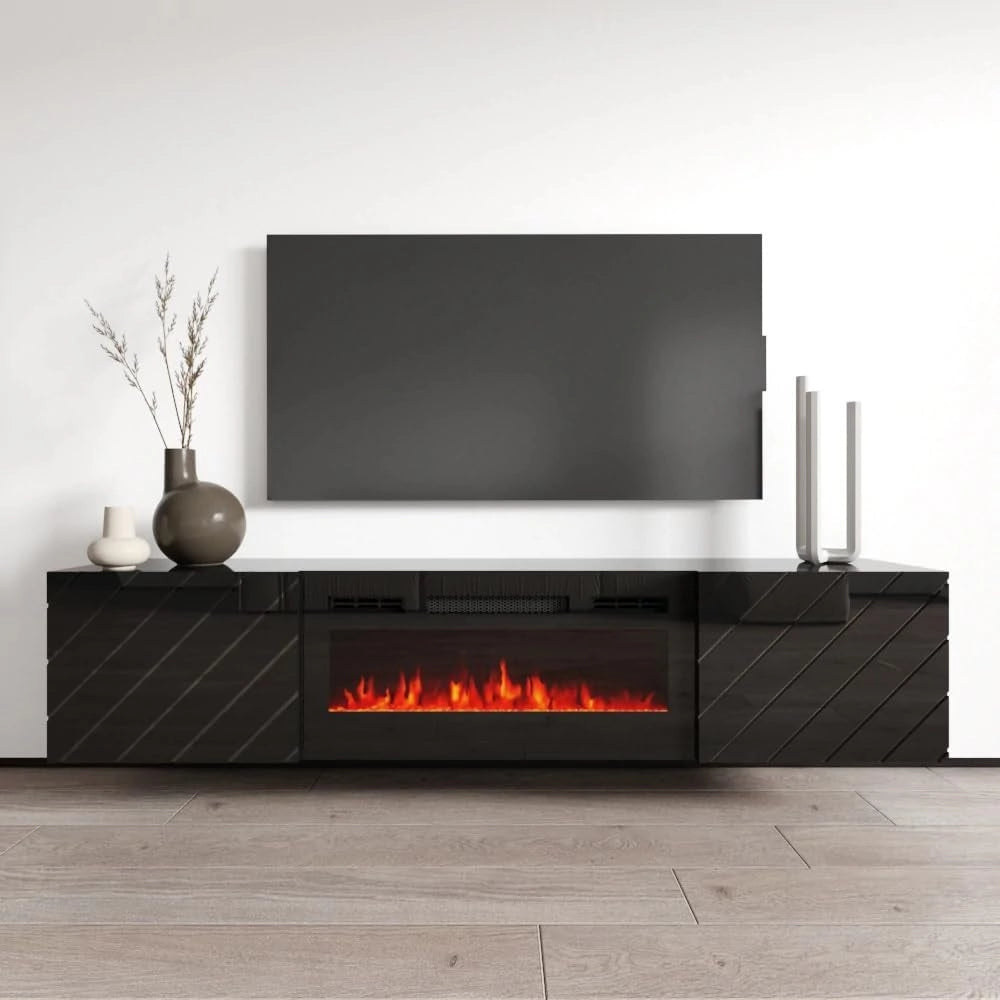 Mobile porta tv Roxy con camino elettrico cm183x35x38h nero lucido