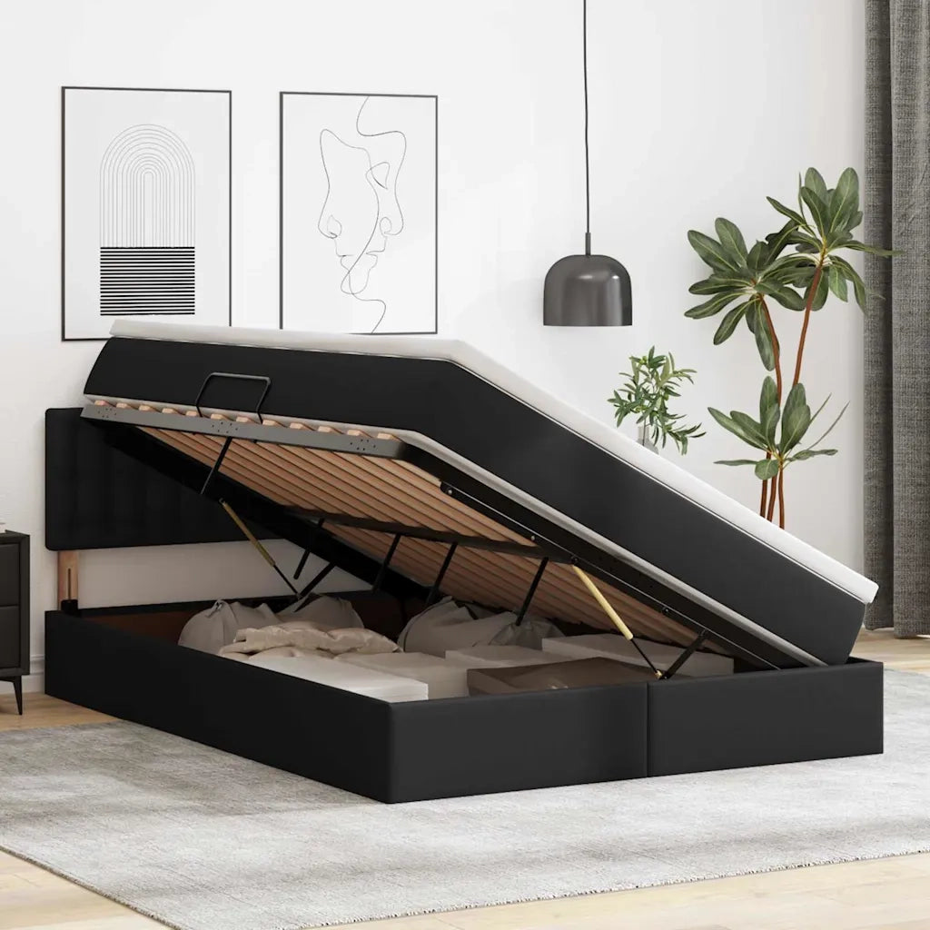 Letto con contenitore e LED Nero 140 x 190 cm Pelle Sintetica