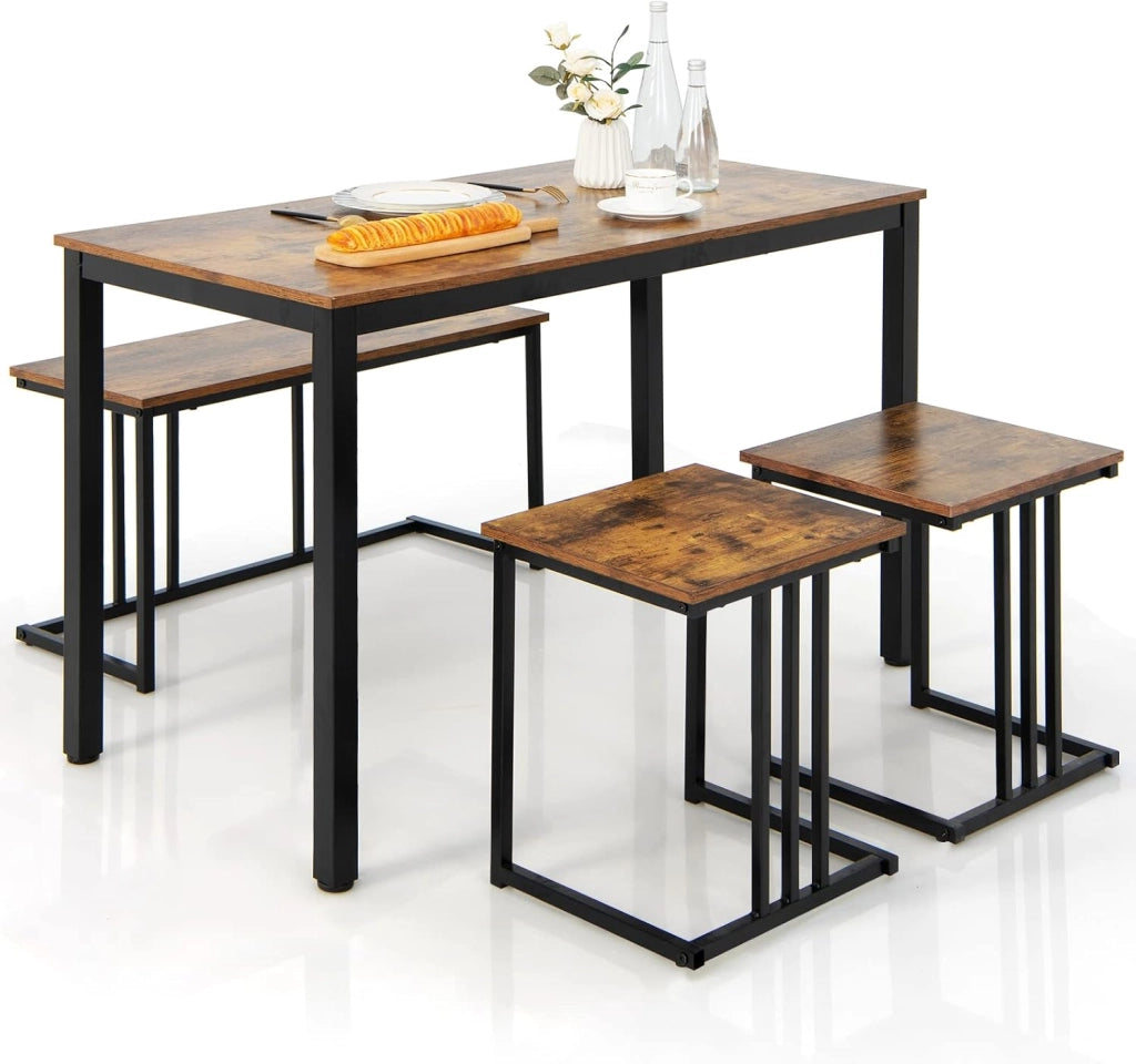Set Tavolo da Pranzo 4 Pezzi, Tavolo da Pranzo con Panca e 2 Sgabelli, in Stile Industriale, Set Tavolo Salvaspazio per Cucina, Ristorante, Bar