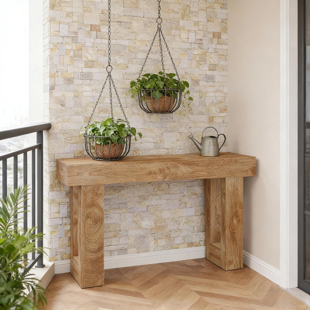 consolle da ingresso in legno stile casa di campagna, piano lungo 160 cm, marrone, per soggiorno e corridoio