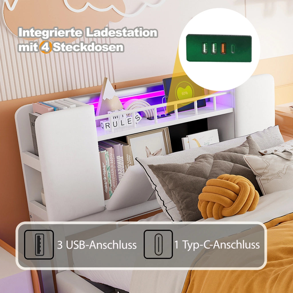 OKWISH Letto Bambino 90×200 cm, Letto Singolo con Contenitore Idraulico, LED e USB, senza Materasso, Imbottito in Tessuto, Beige