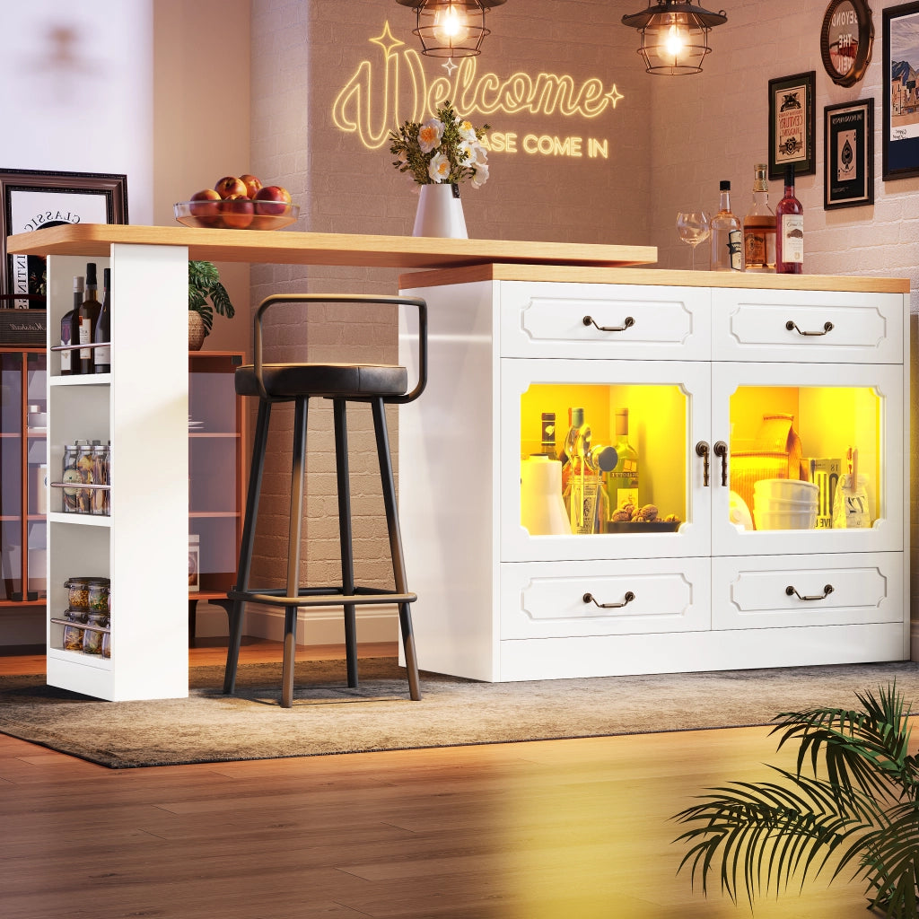 OKWISH Tavolo Bar Estensibile con 4 Cassetti e Ripiano Laterale, Piano Girevole a 360° e LED, per Cucina