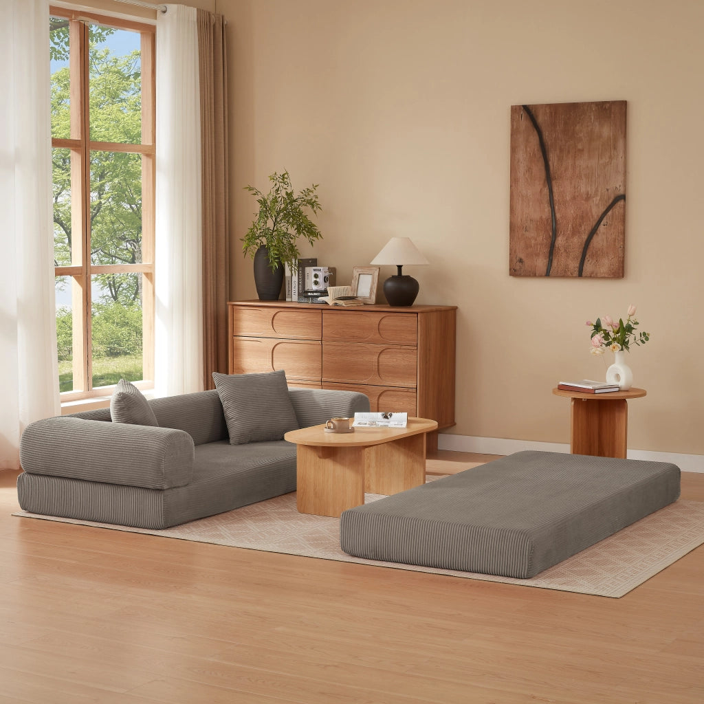 Divano letto pieghevole con funzione letto e struttura modulare in velluto taupe