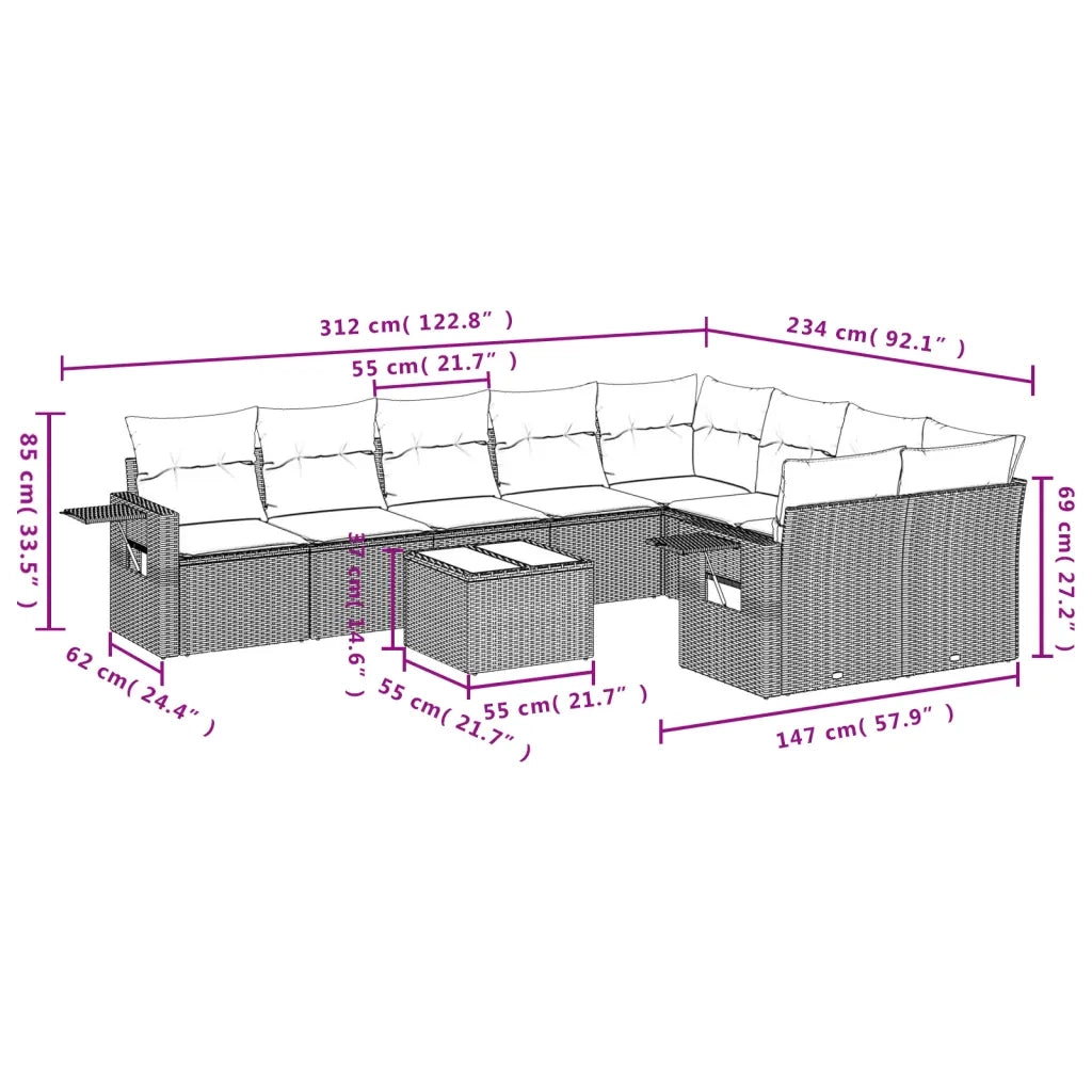 Set Divani da Giardino 10pz con Cuscini in Polyrattan Nero 3252982