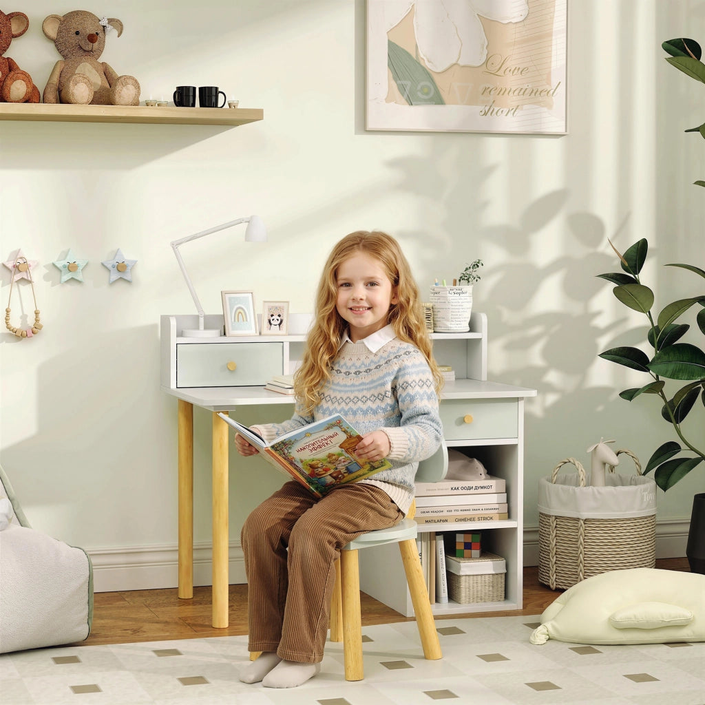 Scrivania per bambini con sedia e scaffale ¨C zephmum ¨C verde, legno, 85x48x73 cm