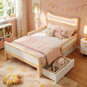 Lettino per bambini con orecchie da gatto e luci LED 90x190 cm in legno di rovere e bianco