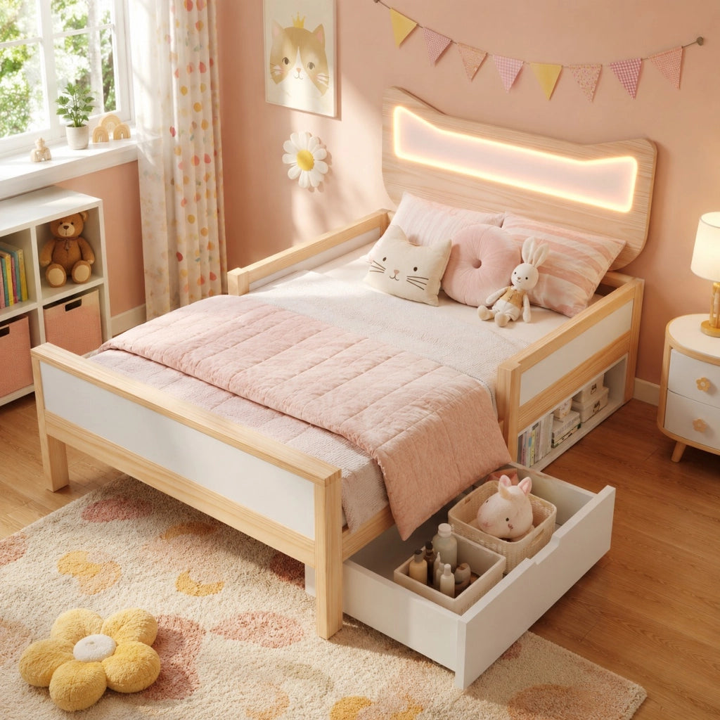 Lettino per bambini con orecchie da gatto e luci LED 90x190 cm in legno di rovere e bianco