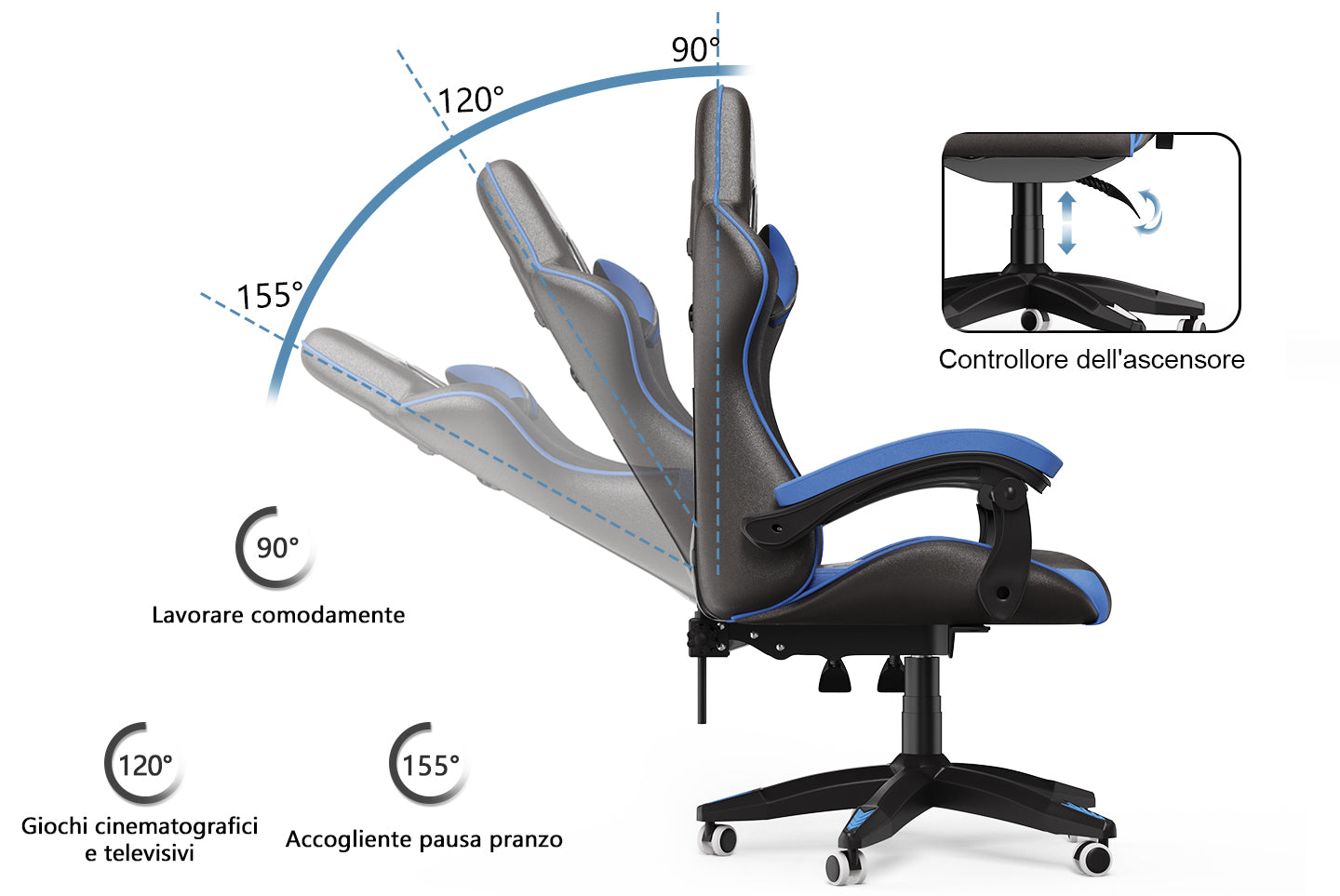 Sedia gaming ergonomica - RATTANTREE - con Supporto Lombare Sedia da Gioco in Pelle Pu con Altezza Regolabile - Bleu
