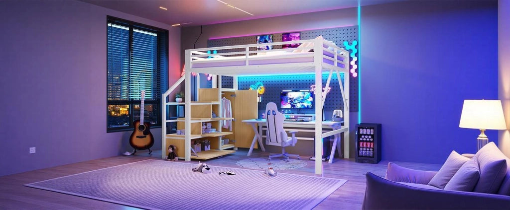 Letto a soppalco 140 × 200 cm con 3 vani contenitore, armadio, LED, senza materasso, bianco