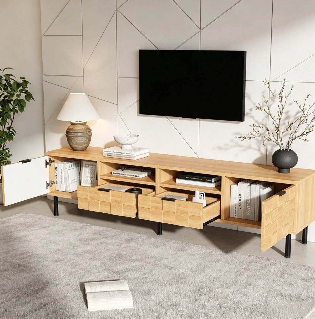 Mobile TV 200x35x44.5 cm con 2 cassetti; 2 ante e 2 vani aperti in MDF e truciolato naturale