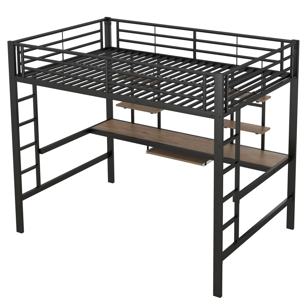 Letto a soppalco in metallo con scrivania e librerie