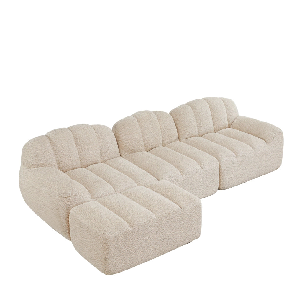 Divano modulare ad angolo con seduta profonda e pouf, per soggiorno, in pile granulato beige bianco 288 × 165 × 79 cm