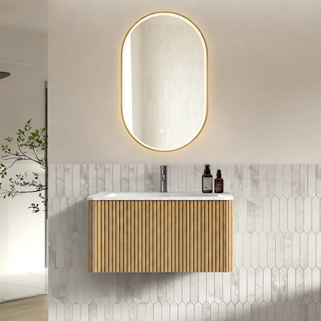 Mobile bagno con specchio con lavabo integrato e LED antiappannamento sospeso per bagno in MDF rovere
