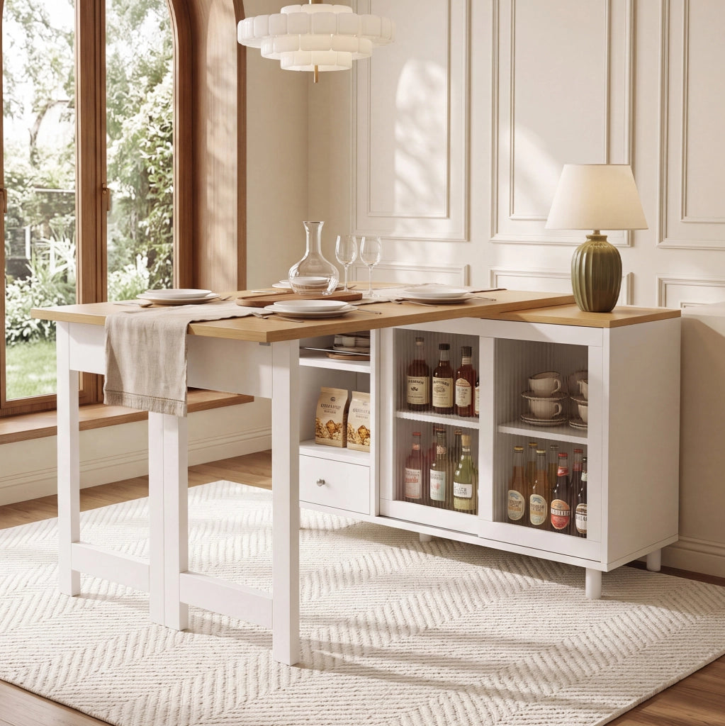 Tavolo da pranzo pieghevole estensibile con mobile contenitore bianco
