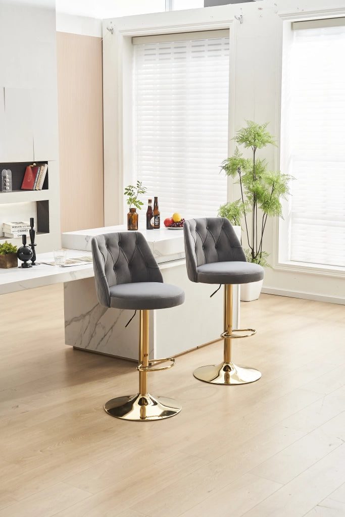 Sgabello da Bar Girevole ¨C MINIMAL ¨C Velluto Grigio, Schienale, Poggiapiedi, Altezza Regolabile, Set 2 Pezzi