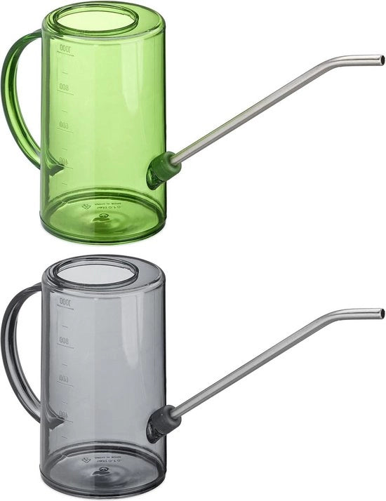 Set di irrigazione per piante da interni da 2 litri - plastica/acciaio inox - lunga bocca - per piante da appartamento - grigio/verde