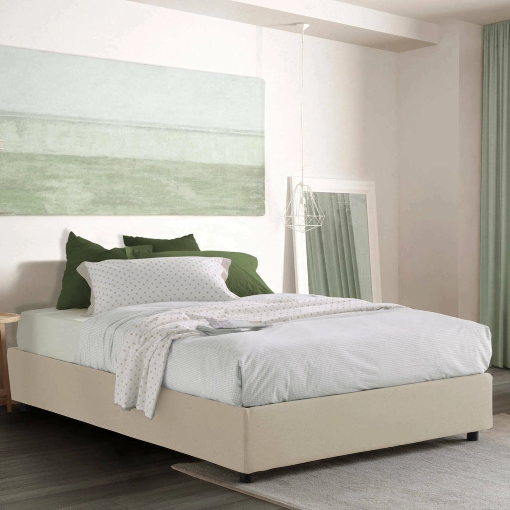 Letto matrimoniale Alaksir, Letto contenitore con rivestimento in tessuto, Made in Italy, Apertura frontale, con materasso cm 140x200 incluso, Beige