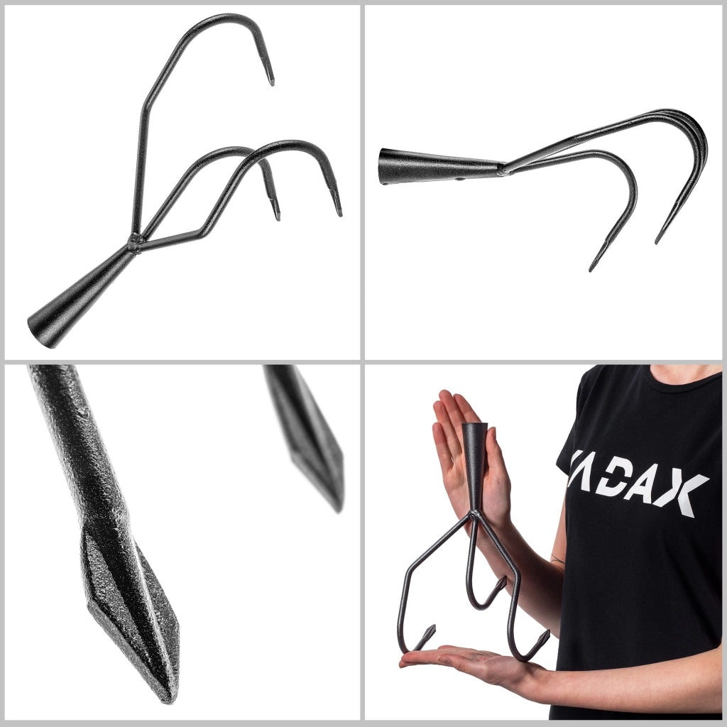 Rastrello da giardino KADAX a 3 denti in acciaio con aerazione integrata.