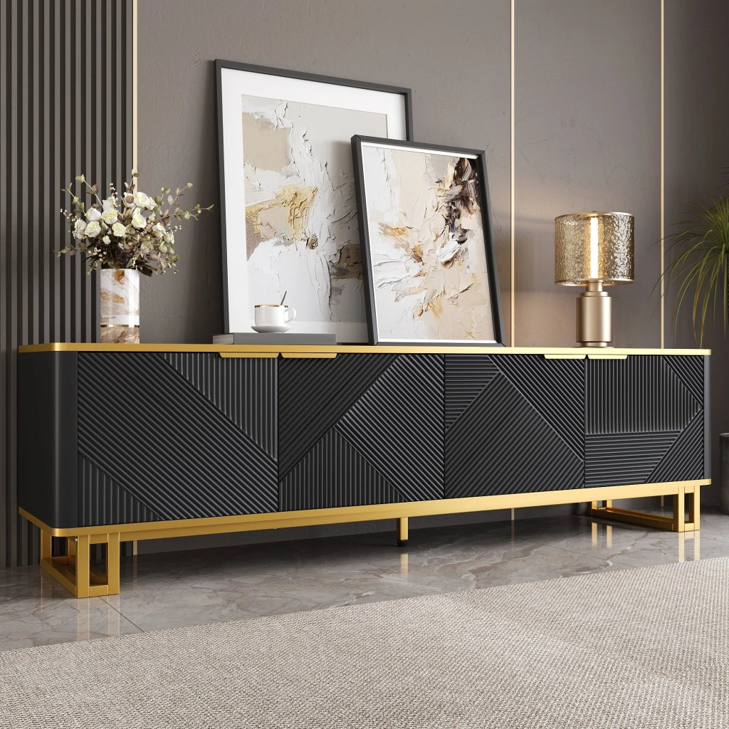 Mobile TV geometrico con quattro ante, struttura in MDF e telaio in ferro, 160 x 37,5 x 48 cm, nero
