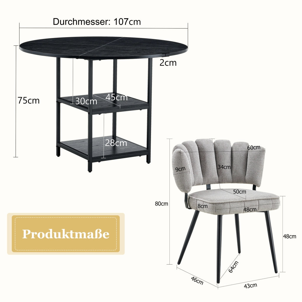 Set tavolo da pranzo e sedie con 1 tavolo rotondo e 4 sedie; 2 ripiani; in tessuto grigio; MDF e metallo nero