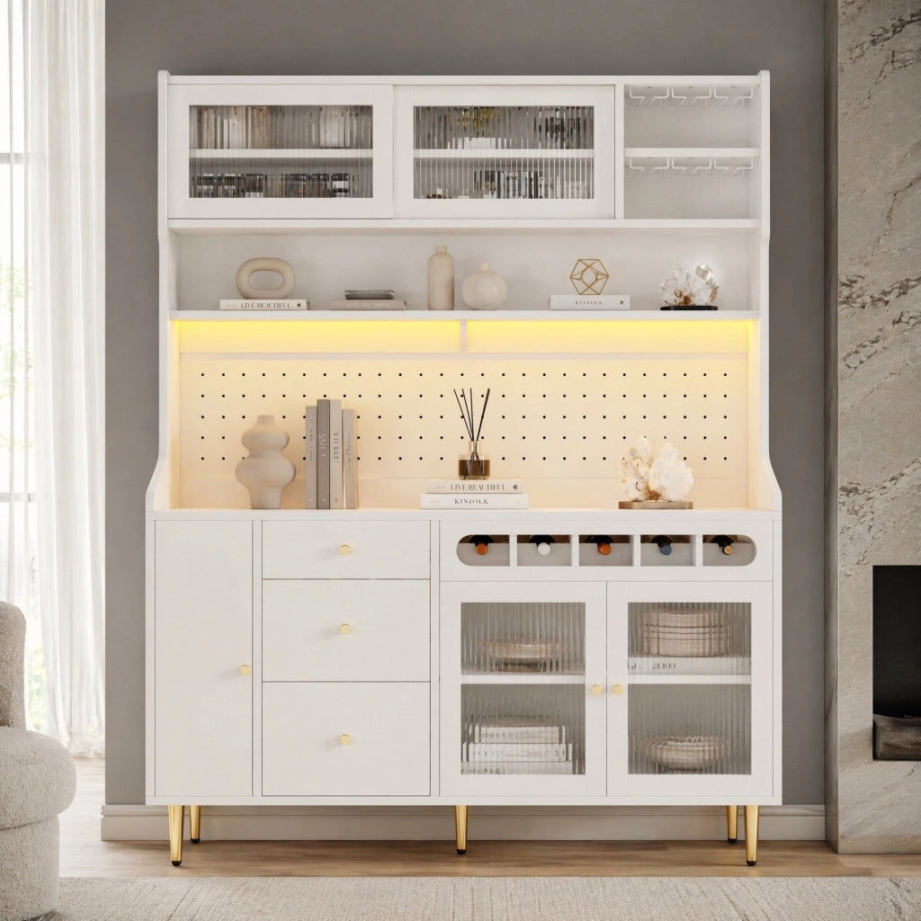 ARMADIO ALTO 145x39x171 cm Bianco in vetro e MDF con LED