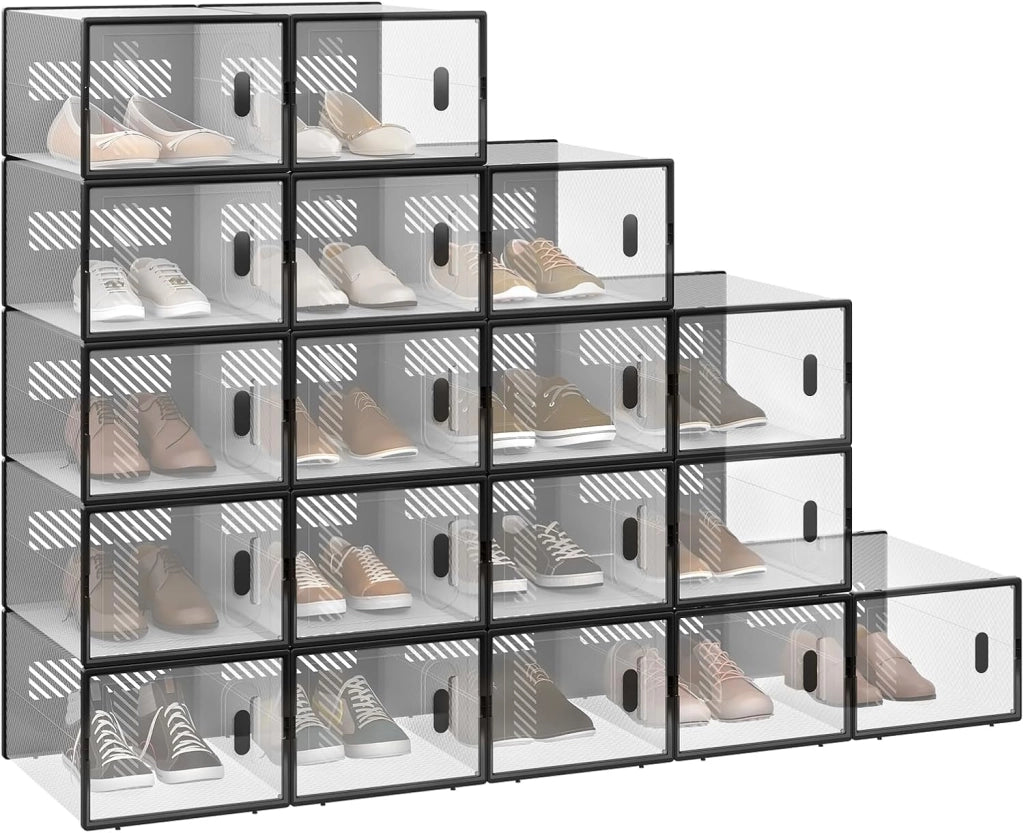 Set di 18 Scatole per Scarpe Trasparenti, Porta Scarpe Impilabile, Scarpiera con Coperchio Magnetico, in Plastica per Guardaroba, Trasparente e Nero, 35x25x19cm