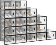 Set di 18 Scatole per Scarpe Trasparenti, Porta Scarpe Impilabile, Scarpiera con Coperchio Magnetico, in Plastica per Guardaroba, Trasparente e Nero, 35x25x19cm
