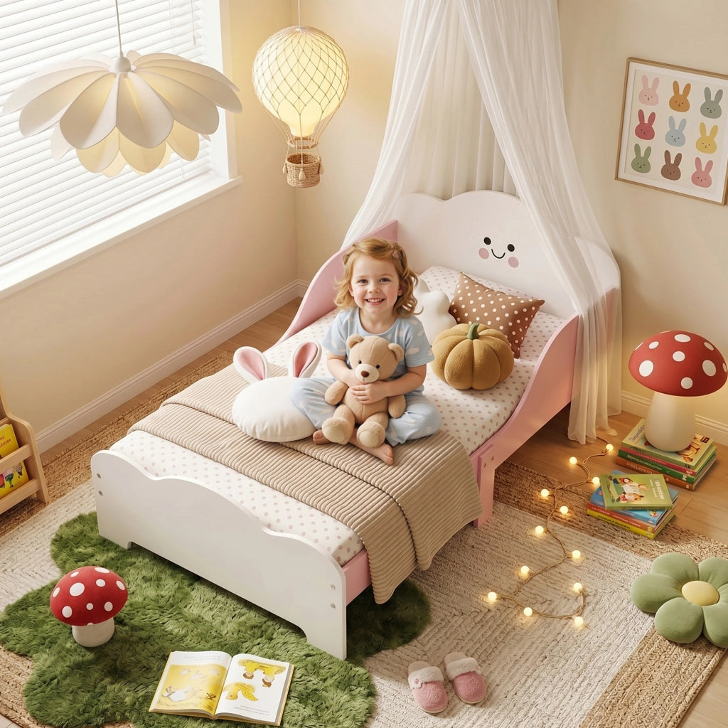 Letto Montessori per Bambini 3-6 Anni 143x77x60 cm con Bordi Rialzati in Legno Rosa