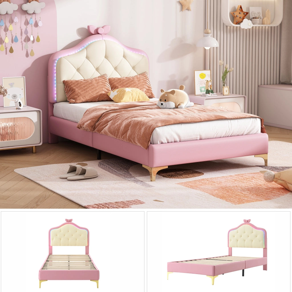 Letto singolo imbottito ULEVR 90x200 cm con LED multicolore, testiera ondulata e fiocco rosa, PU bianco e rosa