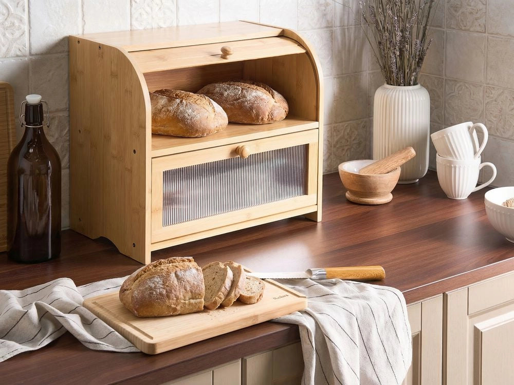 Contenitore per il pane a due ripiani scatola in bambù marrone chiaro 42 x 25 x 37 cm con pannello decorativo scanalato in stile scandinavo