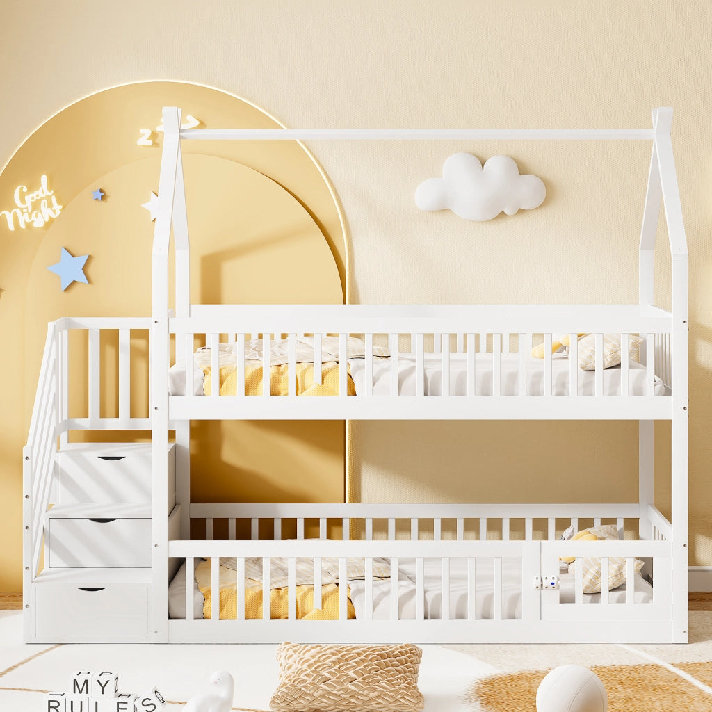 Letto a castello per bambini 90x200 cm in legno massiccio con tetto, scala con cassetti e letto inferiore multifunzionale