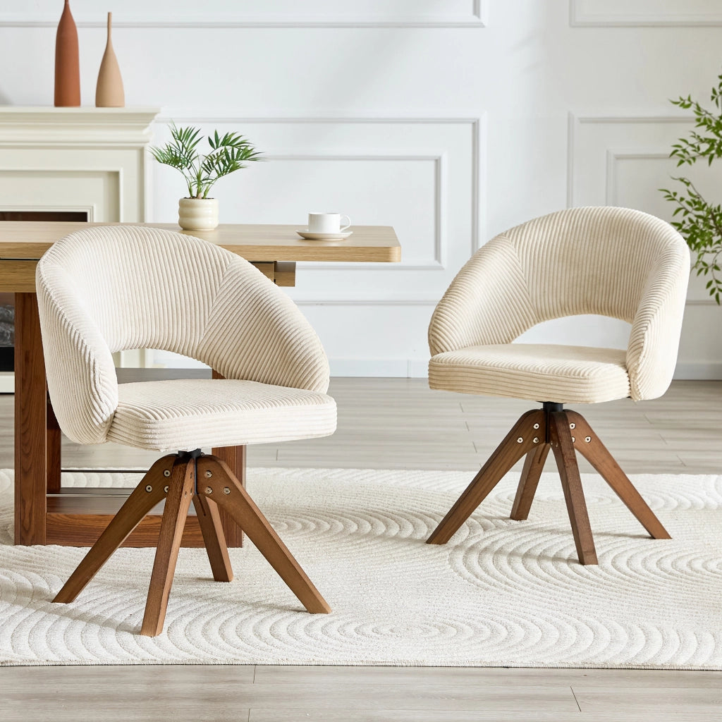 Set 2 Sedie Girevoli Retr¨° ¨C MINIMAL ¨C Tessuto Bianco a Righe, Gambe in Legno Massello Noce, Schienale