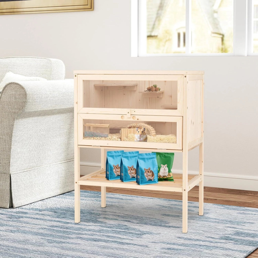 Gabbia per Criceti, Gabbia Criceti in Legno con Tetto a Rete, Aree Multiscala, Rampe, Ripiano Inferiore, Pannello in Acrilico, Porta Bloccabile, 60 x 40 x 80 cm
