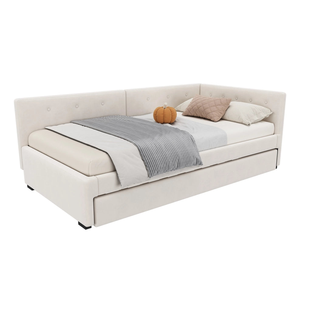 Letto singolo imbottito con letto estraibile 90x200 cm in velluto beige