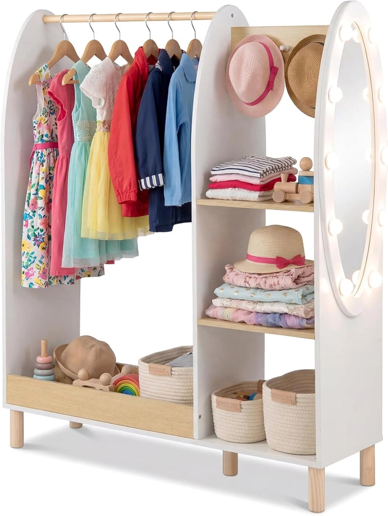 Guardaroba per Bambini, Armadio Gioco con Specchio e Luci, Guardaroba Aperto con Ripiani e Ganci, Organizer per Stanza e Camera da Letto, 91x28x110 cm