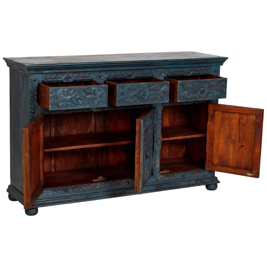 Credenza artigianale in legno, blu, 147x45x96h cm