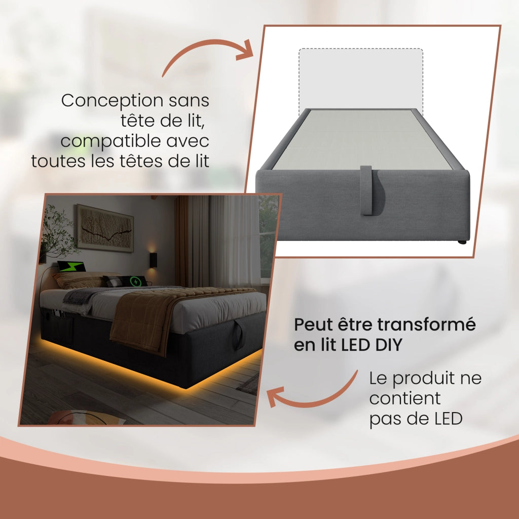 Letto Contenitore Letto Singolo 90×190 cm con USB e Type-C; senza Materasso; in Cotone e Lino; Grigio