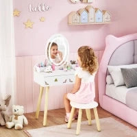 Set Toeletta per Bambini da 3 Anni con Specchio Illuminato e Sgabello, 2 Cassetti e 2 Scatole, Bianco