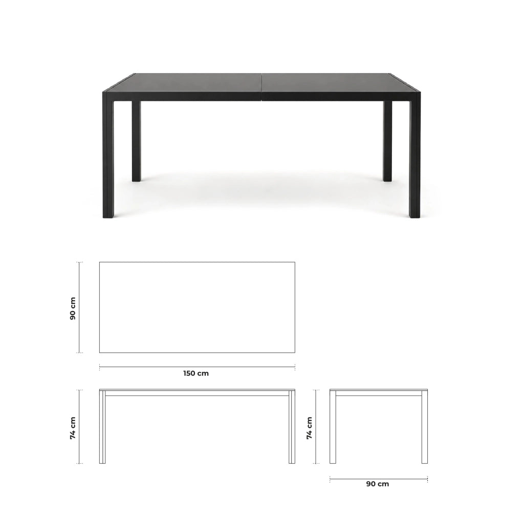 Tavolo da Pranzo per Interno ed Esterno 150x90 cm, Piano in Vetro Temperato Nero 5 mm e Struttura in Acciaio, Tavolo Moderno per 6 Persone, Ideale per Giardino, Terrazza, Cucina e Sala da Pranzo