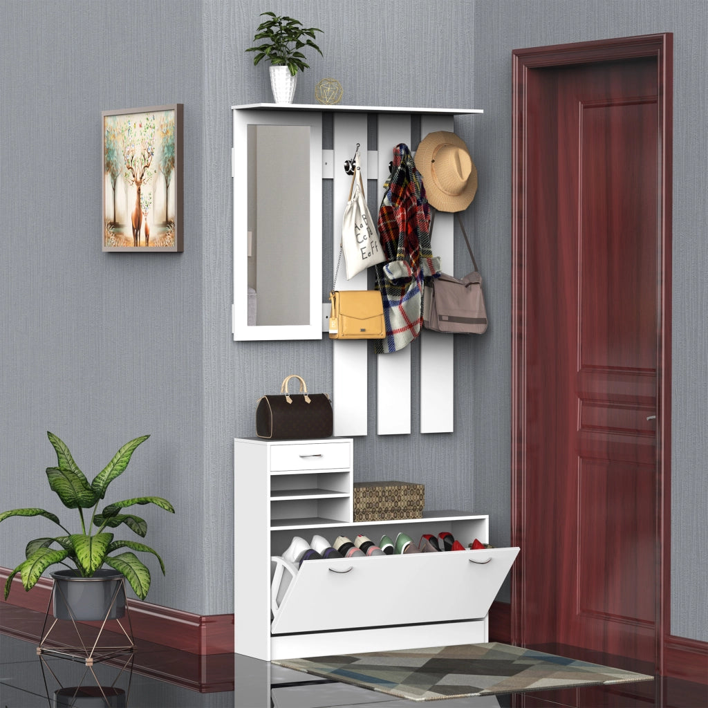 Scarpiera Appendiabiti con Specchio e Cassetti ¨C zephmum ¨C Bianco 90x24x166 cm