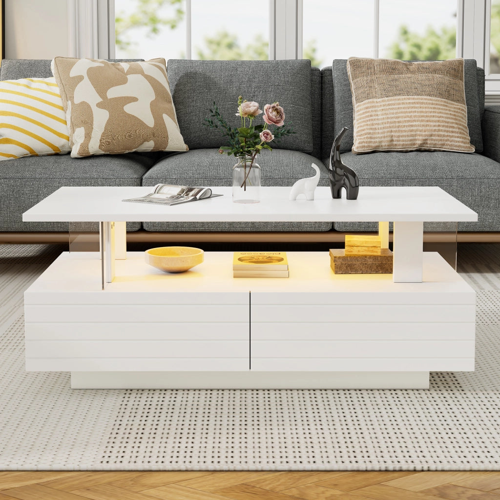 TAVOLO da caffè LED 100x50x42 cm Bianco in pannello di legno e acrilico