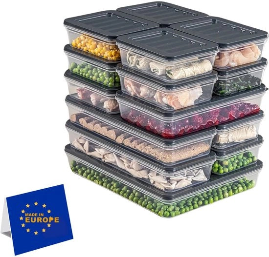 Set di contenitori per alimenti stivellabili, contenitori di archiviazione, organizzatore per frigorifero e congelatore con coperchio, resistente al gelo fino a -25 °C, scatole riutilizzabili per carni (15 pezzi)