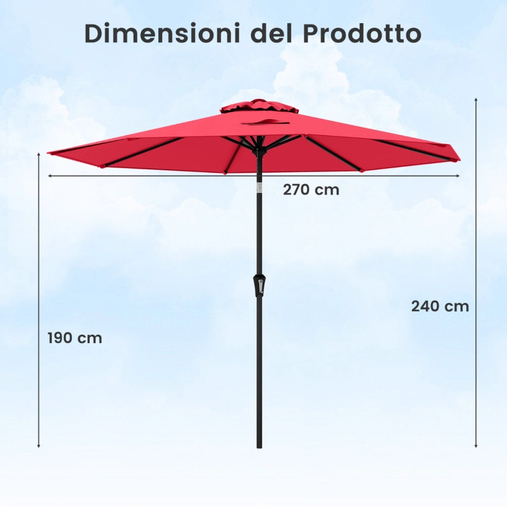 Ombrellone da esterno con inclinazione a pulsante manovella per tavolo da patio, Ombrellone da giardino 270 cm Rosso Bordeaux