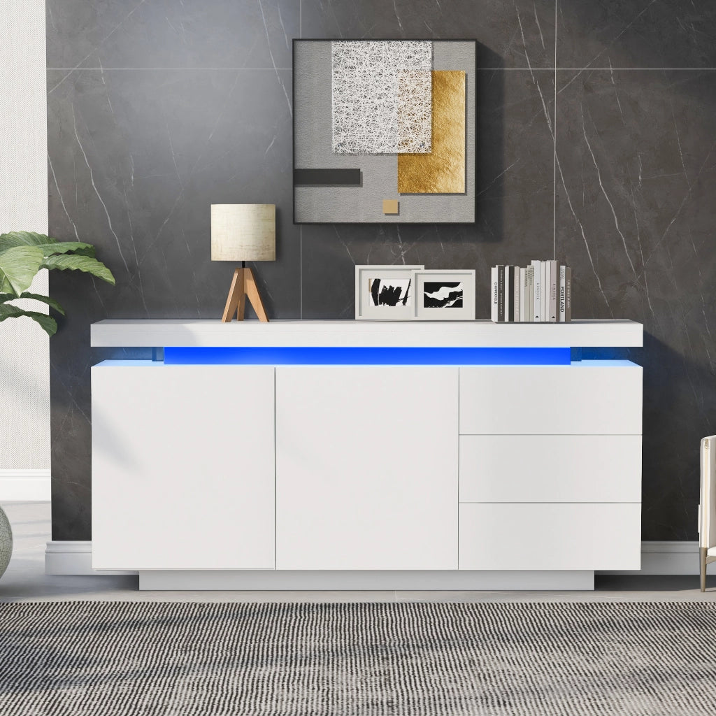 Credenza con 2 ante; 3 cassetti e LED; per soggiorno; 140x35x72.5 cm; bianco