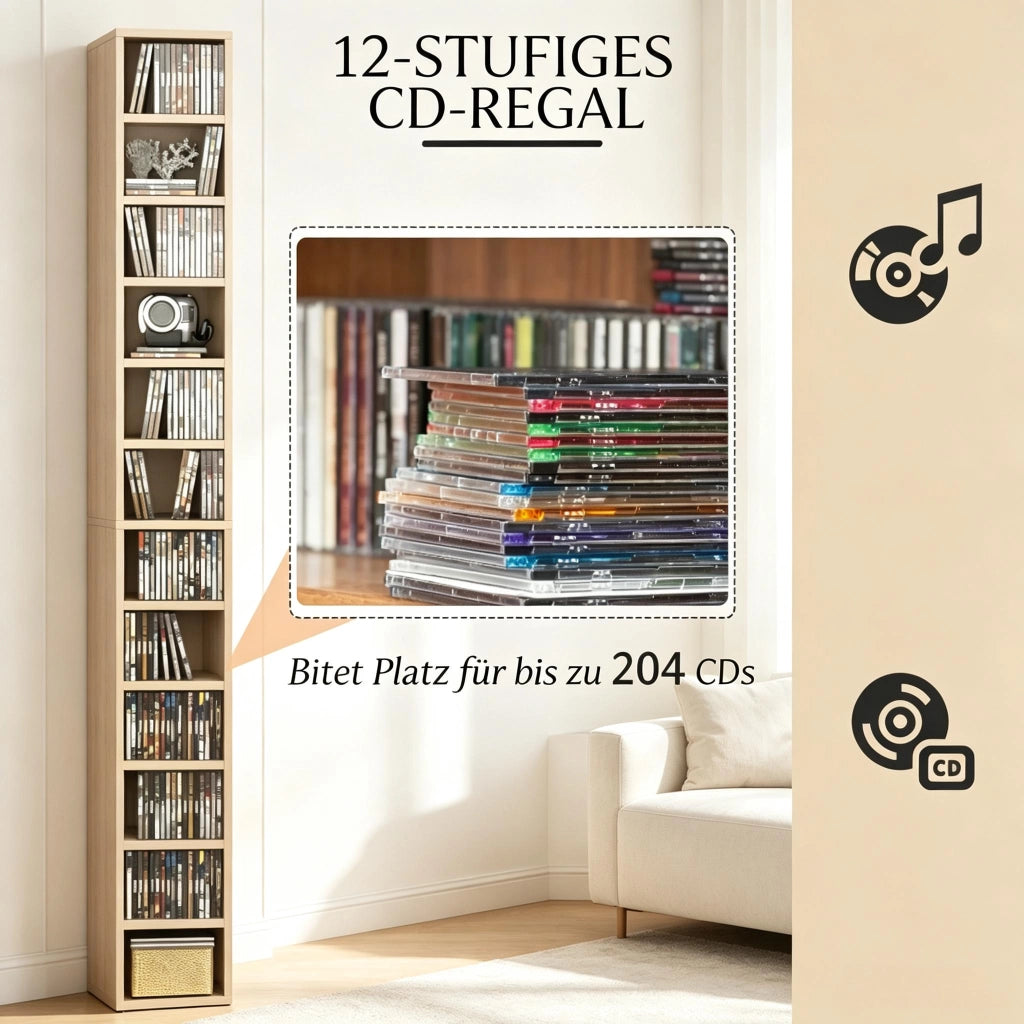 PORTA CD Angolare 21x20x175 cm Legno Naturale per 204 CD