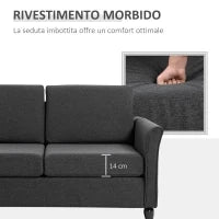 Divano a 2 Posti a Seduta Ampia con Cuscini Rimovibili da Salotto in Tessuto Effetto Lino e Gommapiuma, 141x70x78 cm, Grigio scuro e Nero