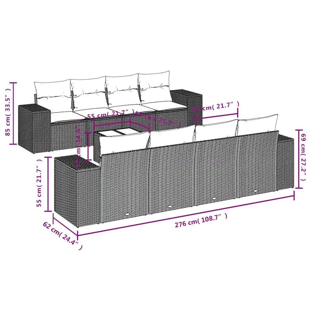 Set Divani da Giardino 9pz con Cuscini Marrone in Polyrattan